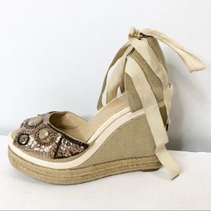 BCBG Sequin and bead embellished platform wedges 7